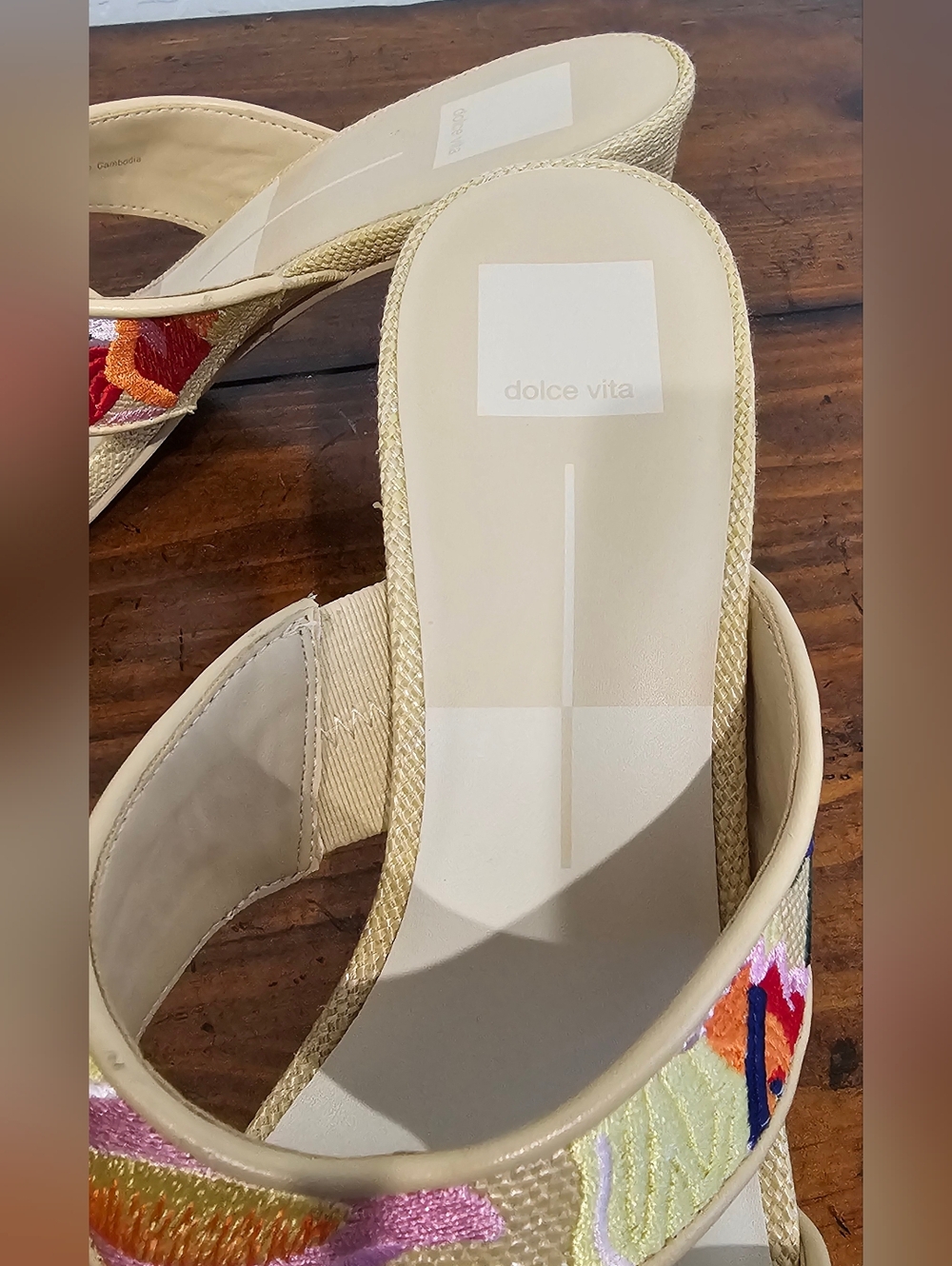 Dolce Vita Beige Linen Mules W/Multicolor Floral Embroidery Women's Sz 10 - Picture 5 of 8